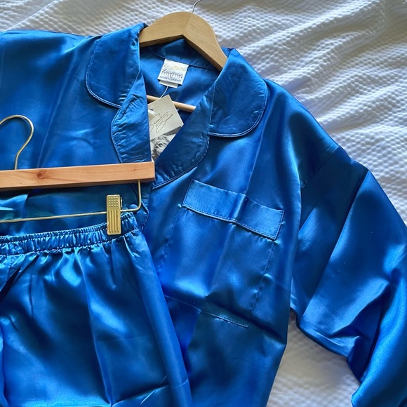 Vintage Suzanne Somers Blue Satin Notch Collar Pajama Pant Set - Picture 1 of 8